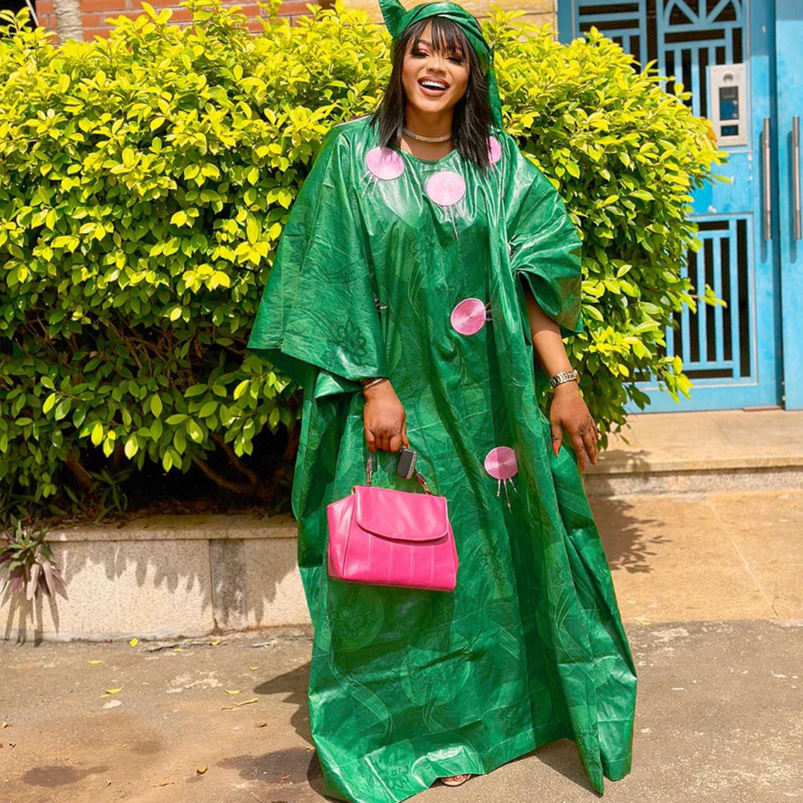 Green African Bazin Riche Boubou With Pink Embroidery