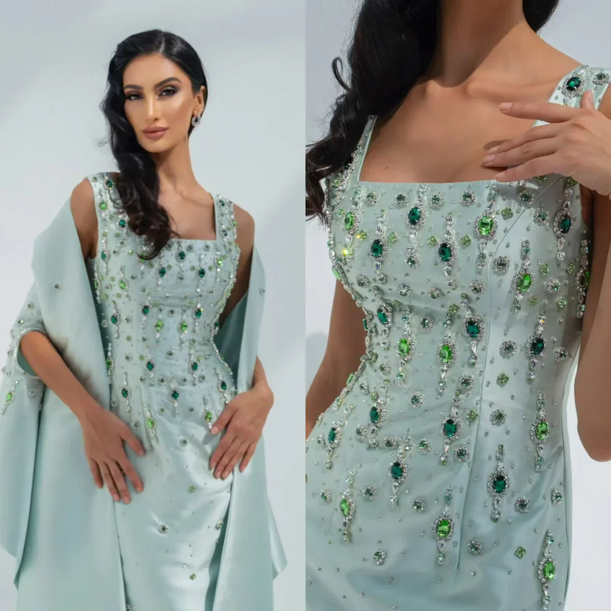 Green Crystal Handbeading Prom Dresses 2Piece Jacket Back