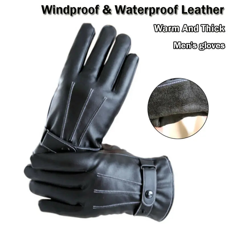 Gloves Men Winter Leather Black Gloves Button Warm