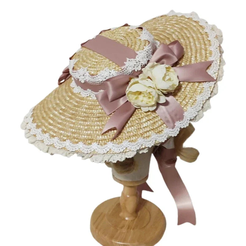 Japanese Lolita Sweet Handmade Straw Sun Hat Lace