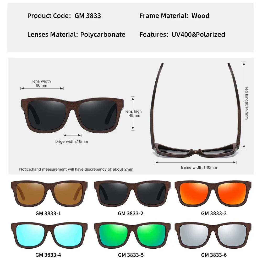 GM Natural Bamboo Wooden Sunglasses Handmade Polarized Glasses