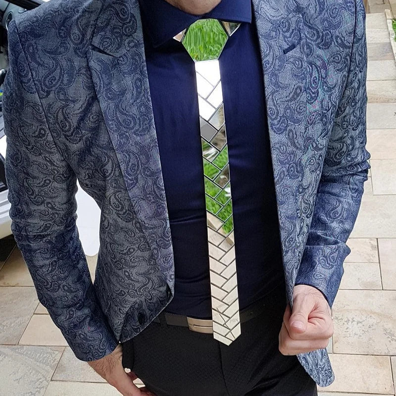 24K Gold Mirror Skinny Necktie Olive Branch Geometric