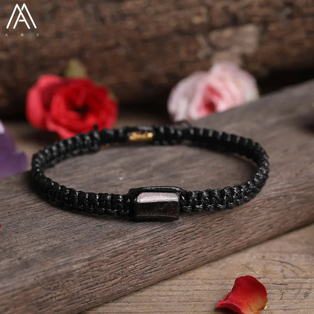 Natural Black Tourmaline Single Beads Woven Adjustable Bracelet