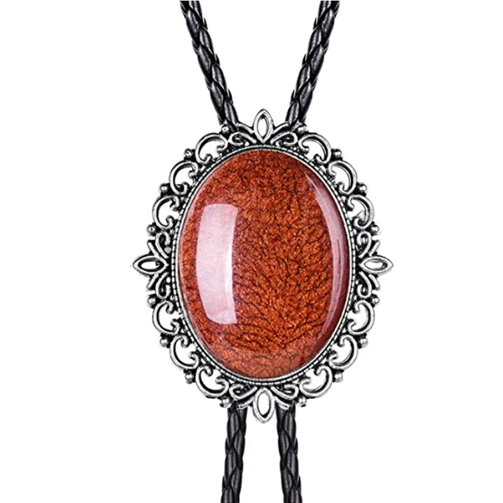 Hollow pattern emerald bolo tie leather cord necklace