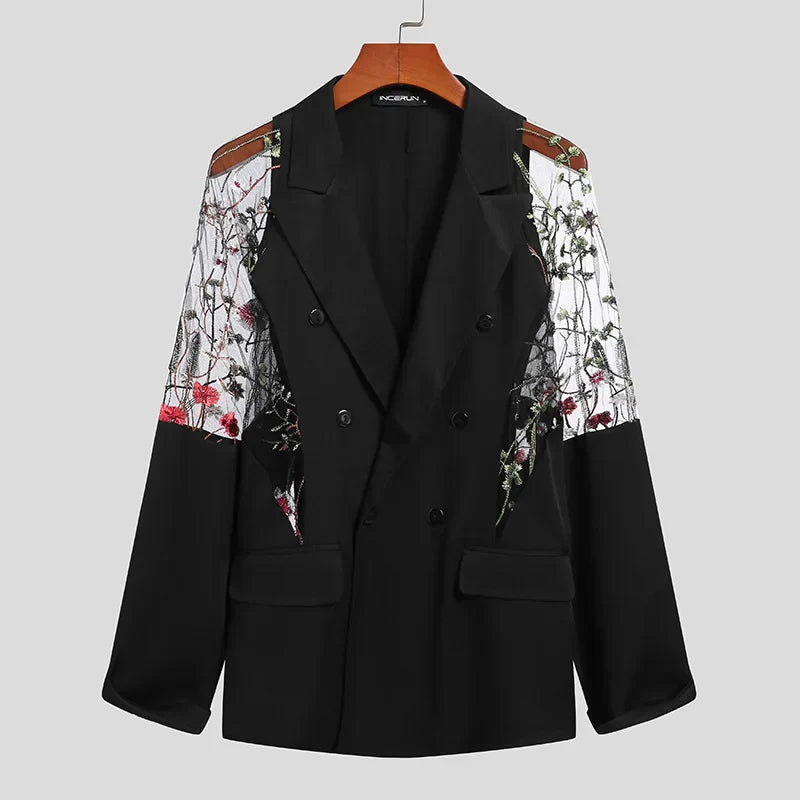 Men Blazer Mesh Patchwork See Through Streetwear Double