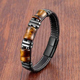 Natural Stone,Tiger Eye Bracelet,Black Leather Rope Chain,Men Bracelet,Stainless