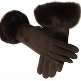 Women Faux Rabit Fur Wrist Suede Leather Touch