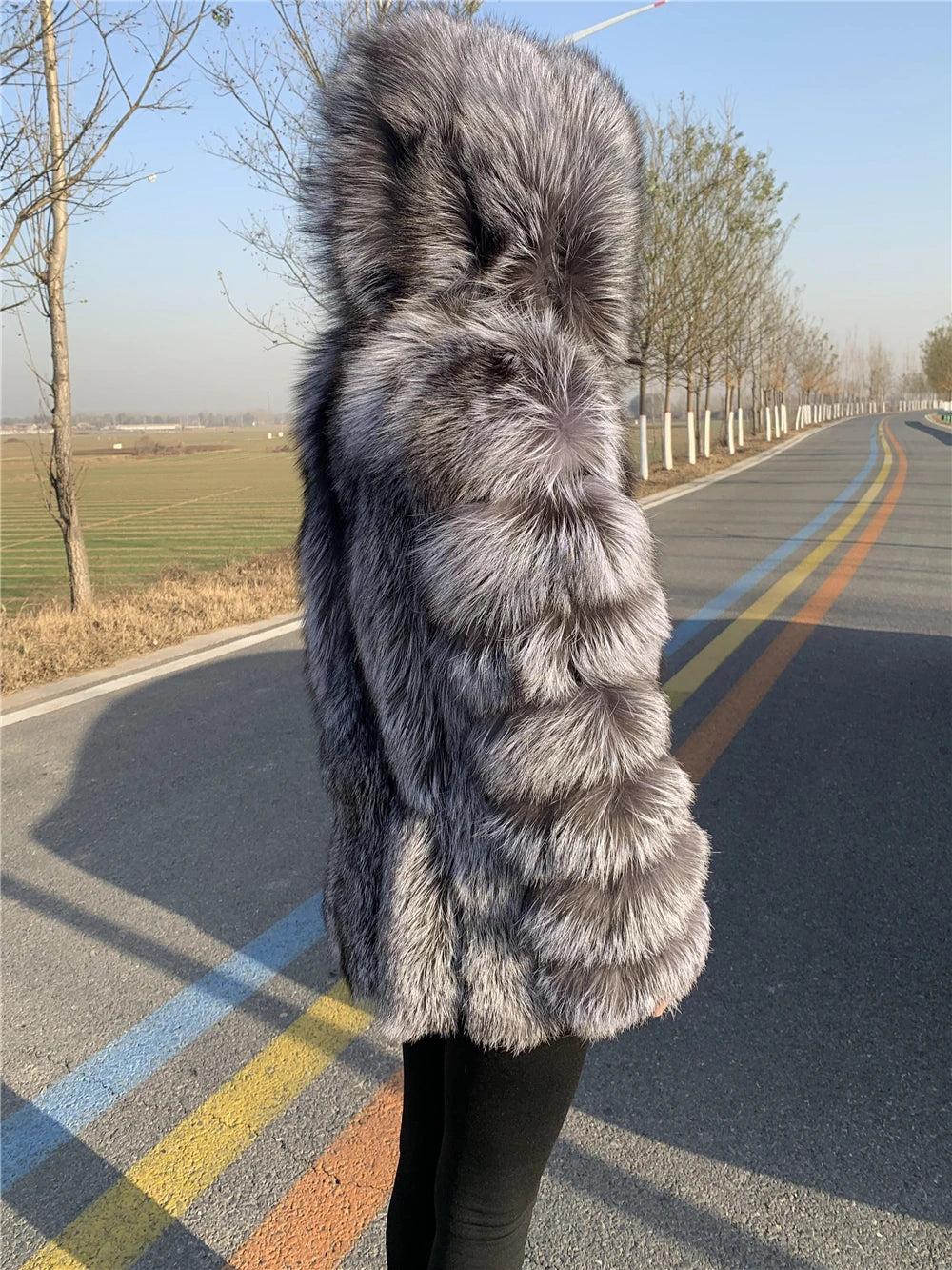 Hooded Silver Fox Fur Coat for Women, Plus