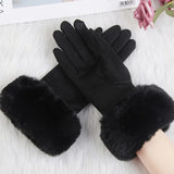 Women Faux Rabit Fur Wrist Suede Leather Touch