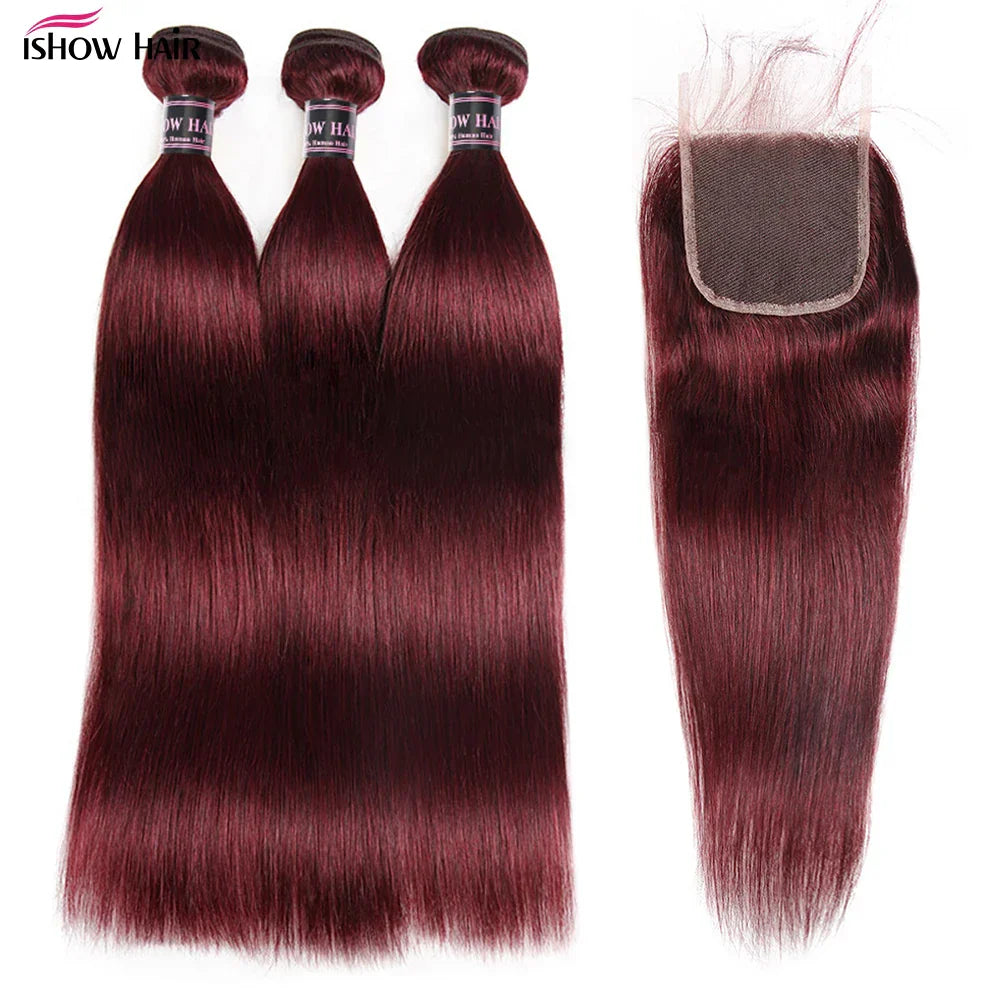 99J Straight Bundles With Closure Burgundy Human Hair