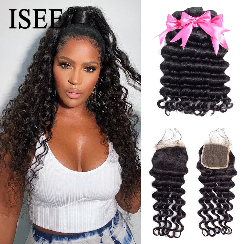 ISEE HAIR Brazilian Loose Deep Bundles With Closure