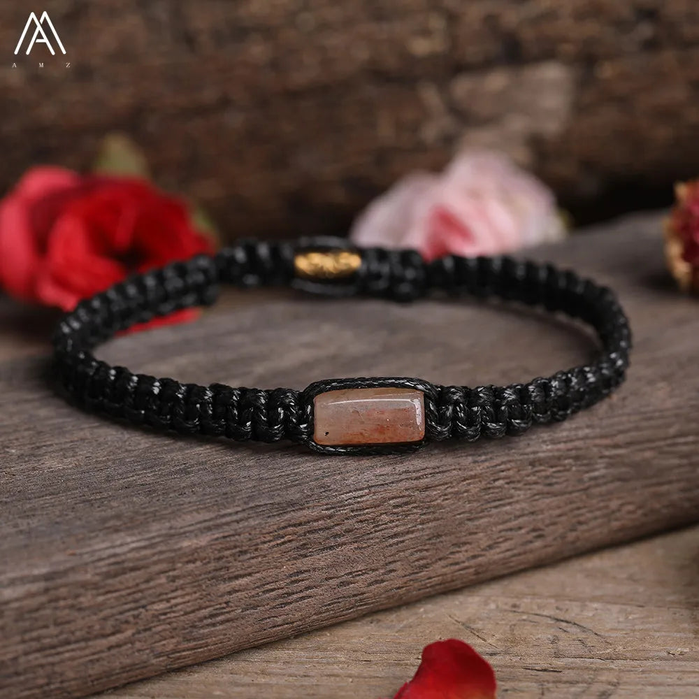 Natural Black Tourmaline Single Beads Woven Adjustable Bracelet