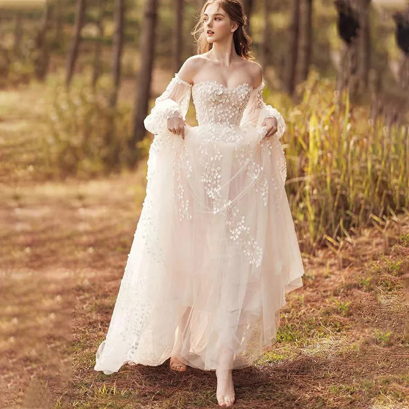 VIKTORIA A-Line Long Puff Sleeve Wedding Dress For Women 2023 Sweetheart Lacing Up Formal Bridal Gowns Appliques Robe De Soirée