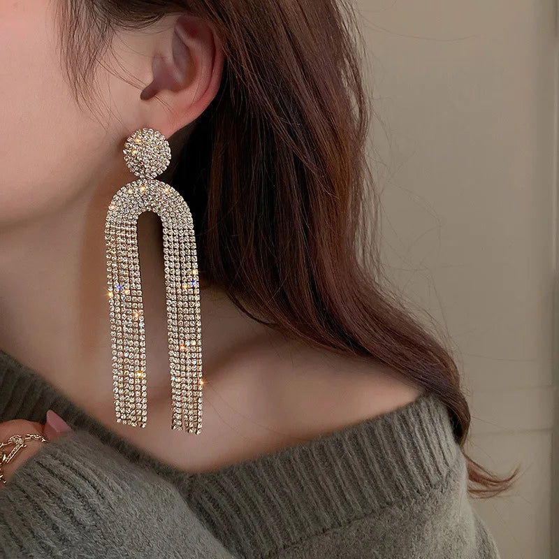 Fashion Statement Earring Long Full Rhinestone Big Earrings