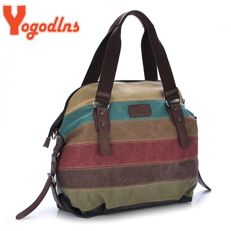 Yogodlns Canvas Totes Striped Womens Handbag New Patchwork