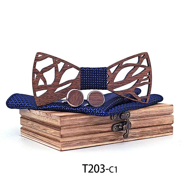 Fashion Hollow Carved Wooden Bow Tie Navy Blue