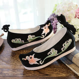 Veowalk Women Satin Cotton Ankle Strap Hidden Platform Shoes Vintage Chinese Style Embroidered Comfortable Hanfu Shoes Black Red
