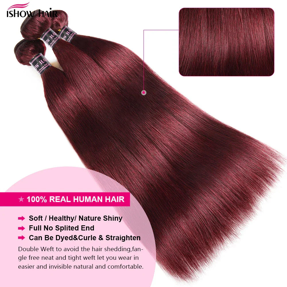 99J Straight Bundles With Closure Burgundy Human Hair