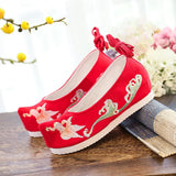 Veowalk Women Satin Cotton Ankle Strap Hidden Platform Shoes Vintage Chinese Style Embroidered Comfortable Hanfu Shoes Black Red