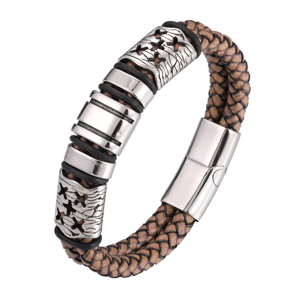 Fashion Men‘s Women’s Titanium Steel Double Braided Leather Bracelet Stainless Magnetic Clasp Wrist Jewelry Gift Free Shipping