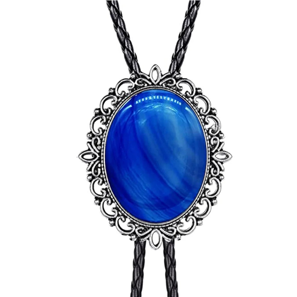 Hollow pattern emerald bolo tie leather cord necklace