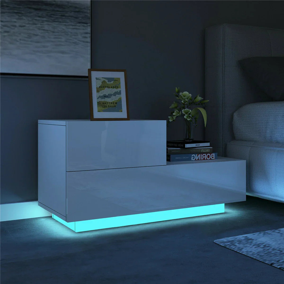 Modern Luxury LED Light Nightstand w/2 Drawers Organizer