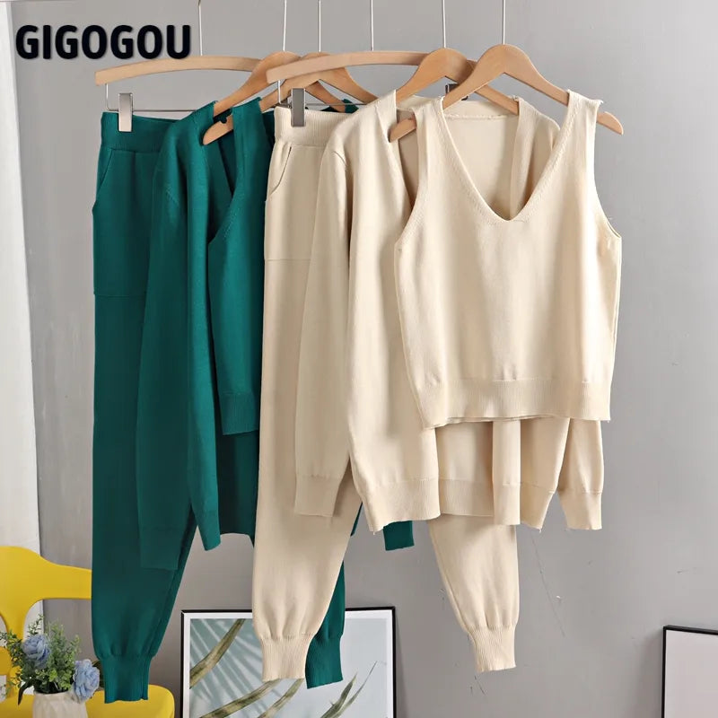 GIGOGOU Spring Autumn 3 Piece Women Cardigan Tracksuits