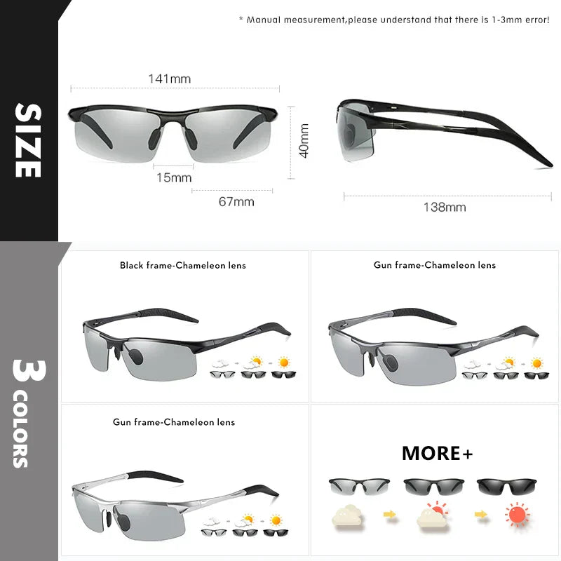 2023 Aluminum Rimless Photochromic Sunglasses Men Polarized Day