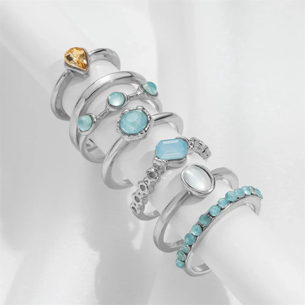 Korean Colorful Stone Rings Set for Women Girls