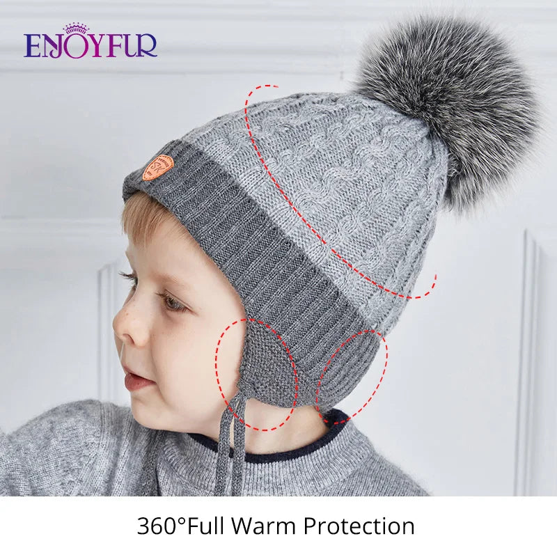 ENJOYFUR Warm Winter Baby Knitted Hats Real Fur
