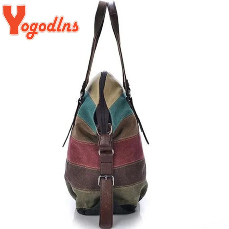 Yogodlns Canvas Totes Striped Womens Handbag New Patchwork