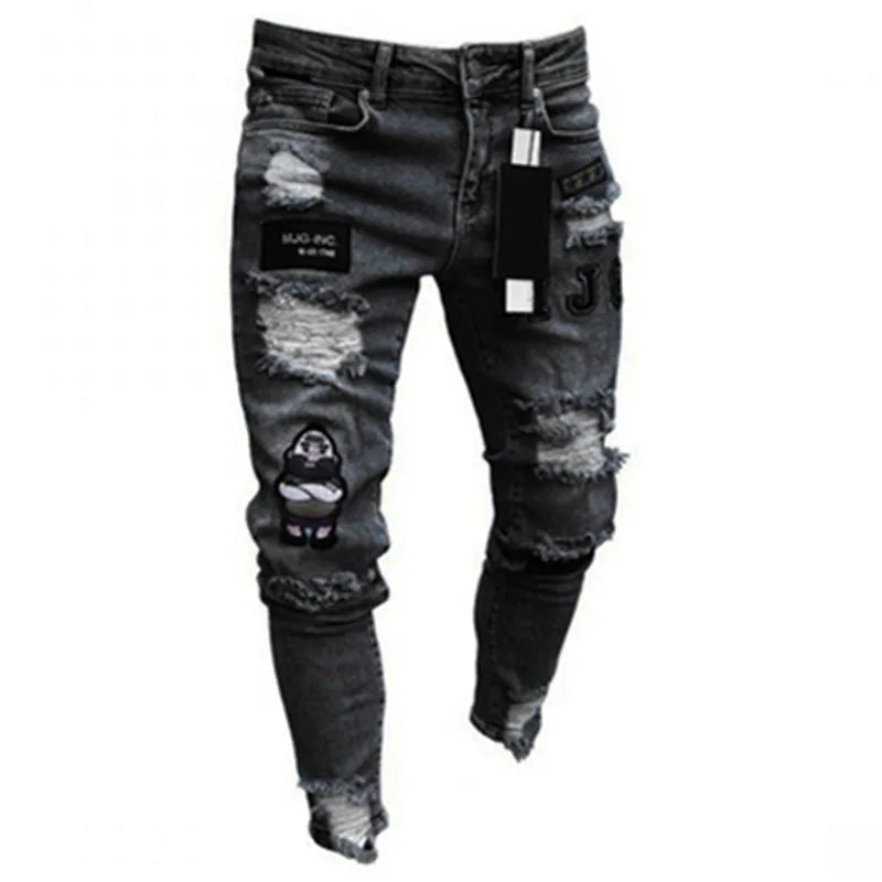 Men Slim Biker Ripped Long Denim Trousers Skinny