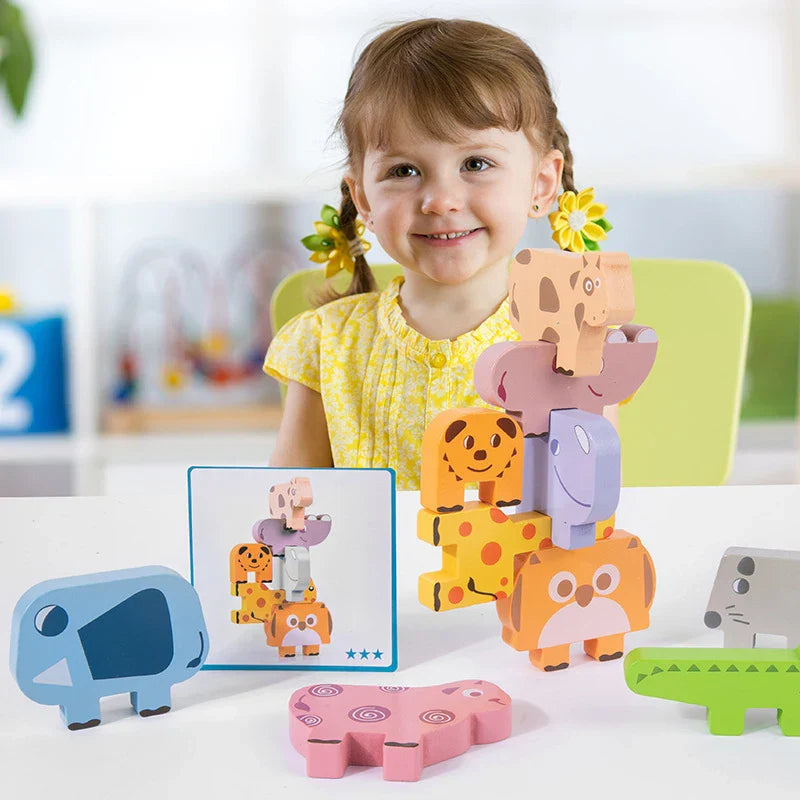 Wooden Animal Stacking Blocks Toy Shape Matching Puzzles