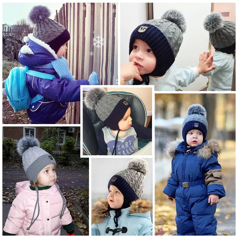 ENJOYFUR Warm Winter Baby Knitted Hats Real Fur