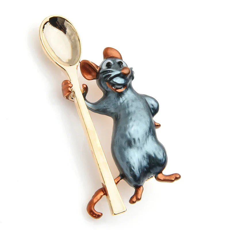 Wuli&baby Holding Spoon Smiling Mouse Brooches Women Alloy