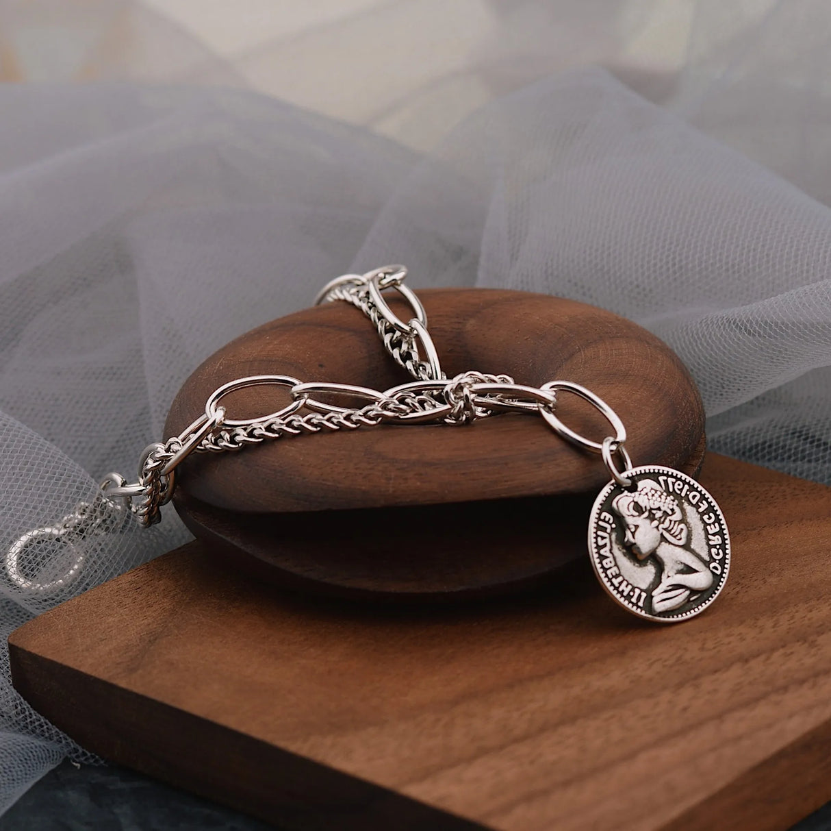 ANENJERY Silver Color Round Coin Bracelet for Women