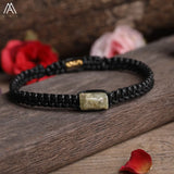 Natural Black Tourmaline Single Beads Woven Adjustable Bracelet