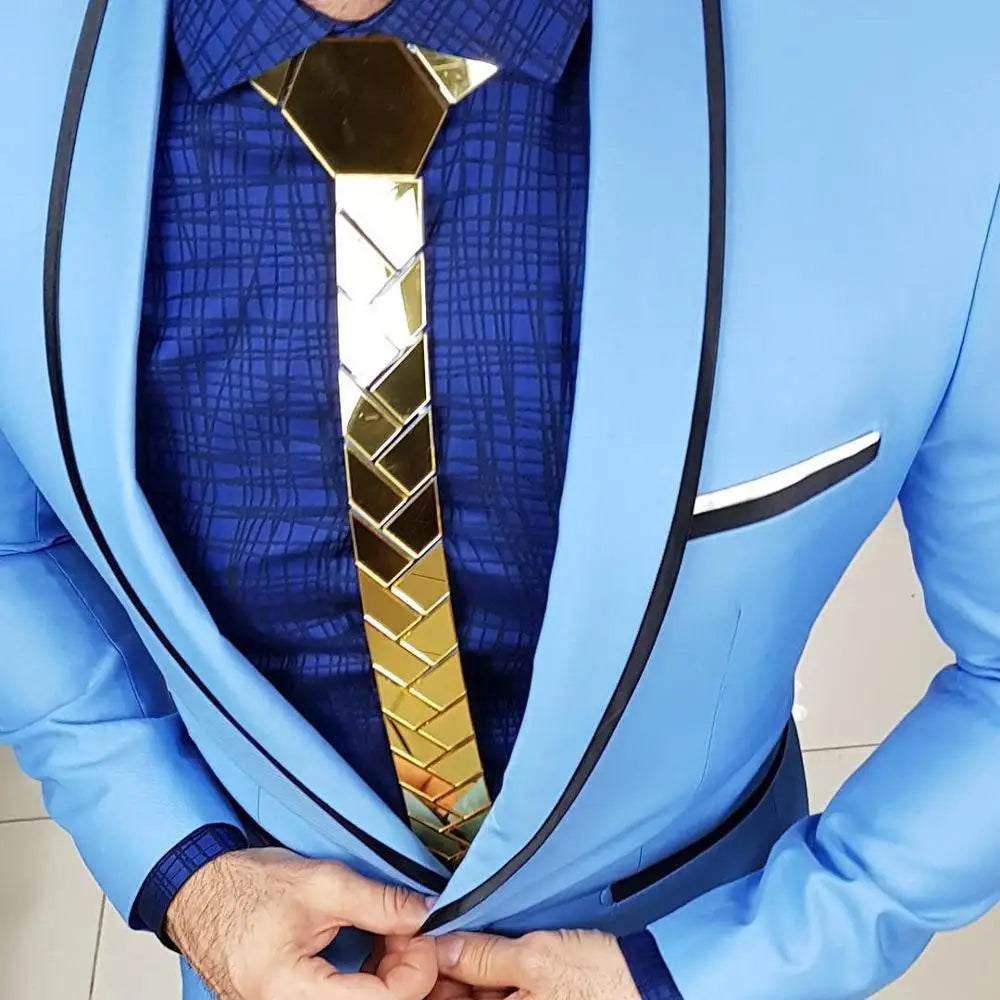 24K Gold Mirror Skinny Necktie Olive Branch Geometric
