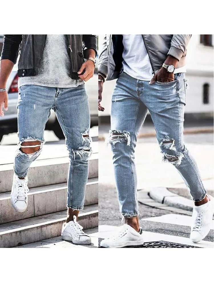 Men Jeans Streetwear Knee Ripped Skinny Hip Hop