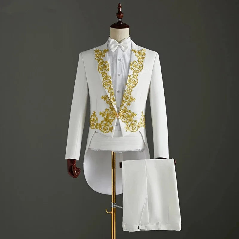 (Jacket+Pants) 2 Piece Wedding Suit White Embroidery Tailcoat