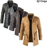 Winter Men's Thick Fleece Leather Jacket Coat Long