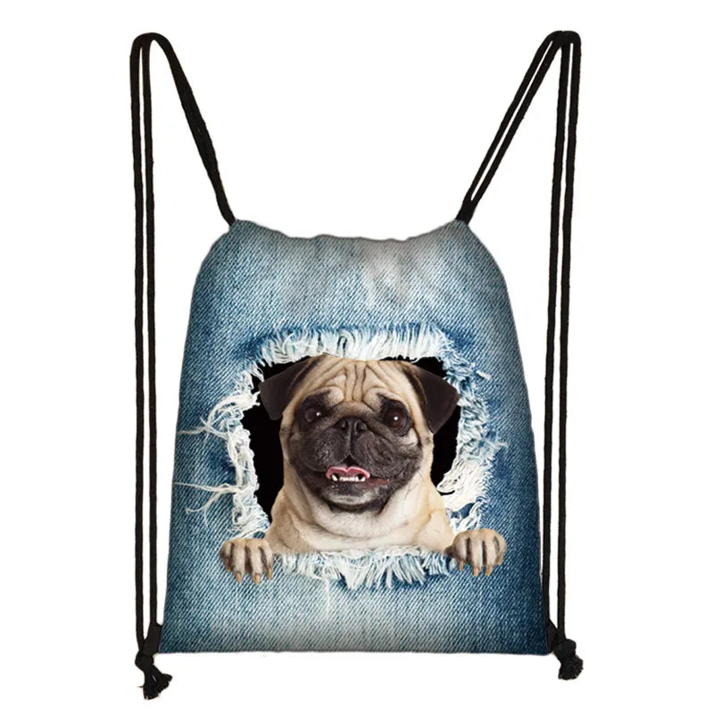 funny puppy dog / kitten cat print drawstring bag women fashion storage bag ladies shopping bags teenager boys girl backpack