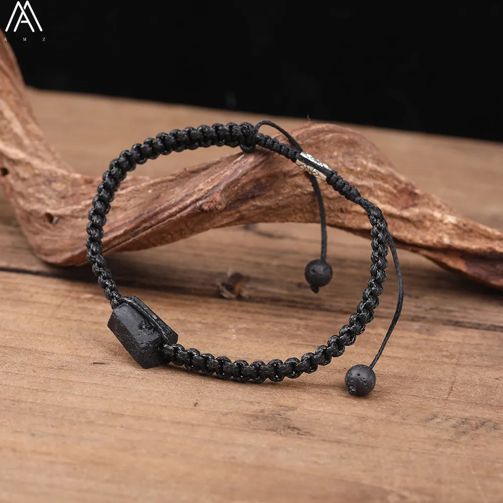 Natural Black Tourmaline Single Beads Woven Adjustable Bracelet