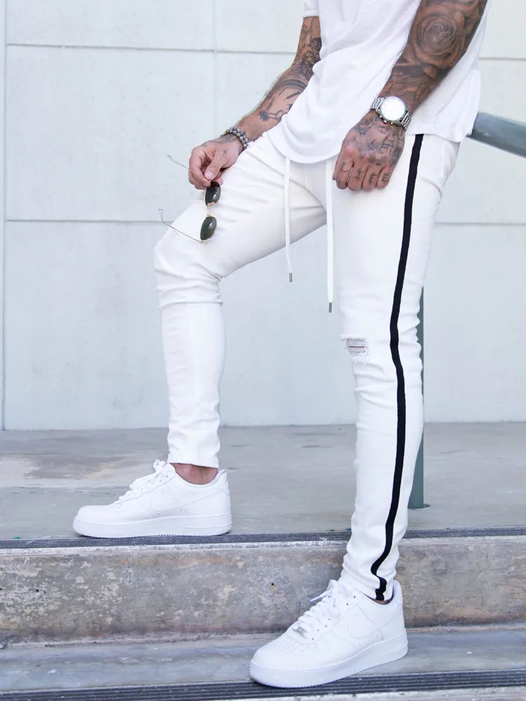 Men's Ripped Pencil Pants Men Skinny Denim Biker