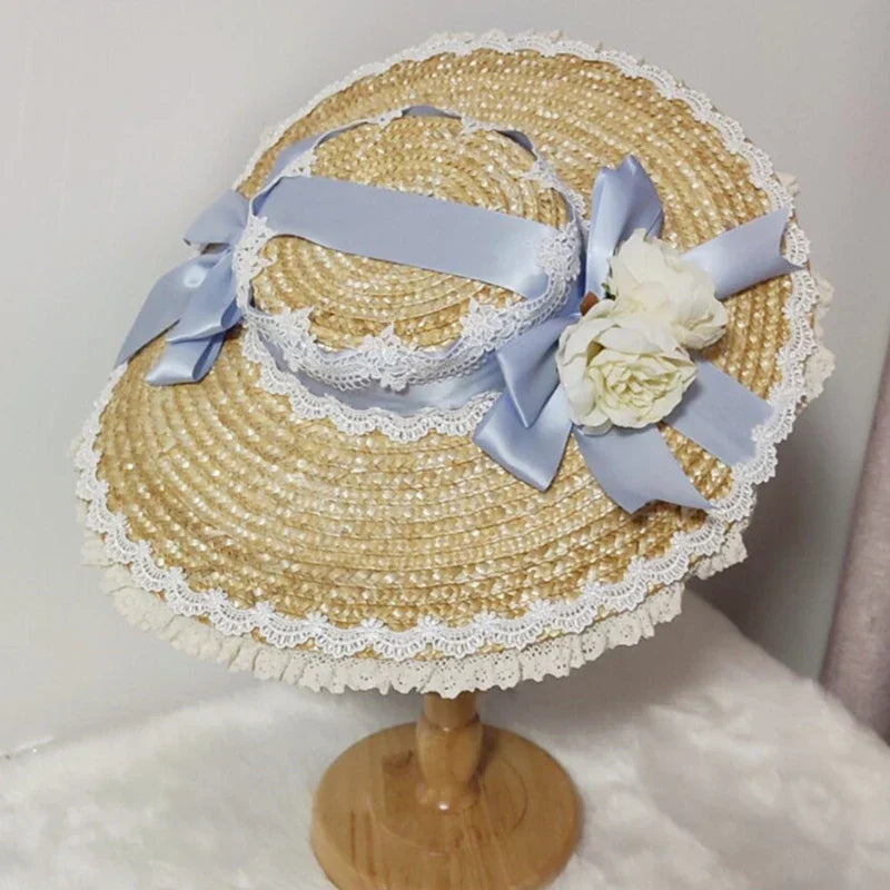Japanese Lolita Sweet Handmade Straw Sun Hat Lace
