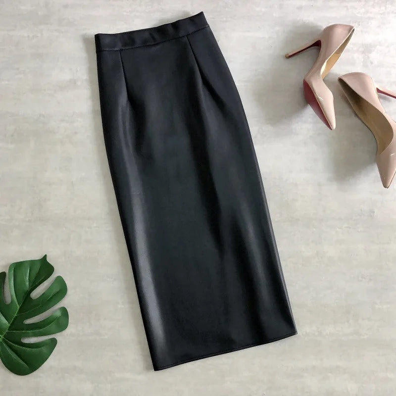 Neophil 74cm Women's Winter Pu Leather Midi Skirts