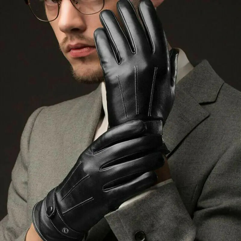 Gloves Men Winter Leather Black Gloves Button Warm