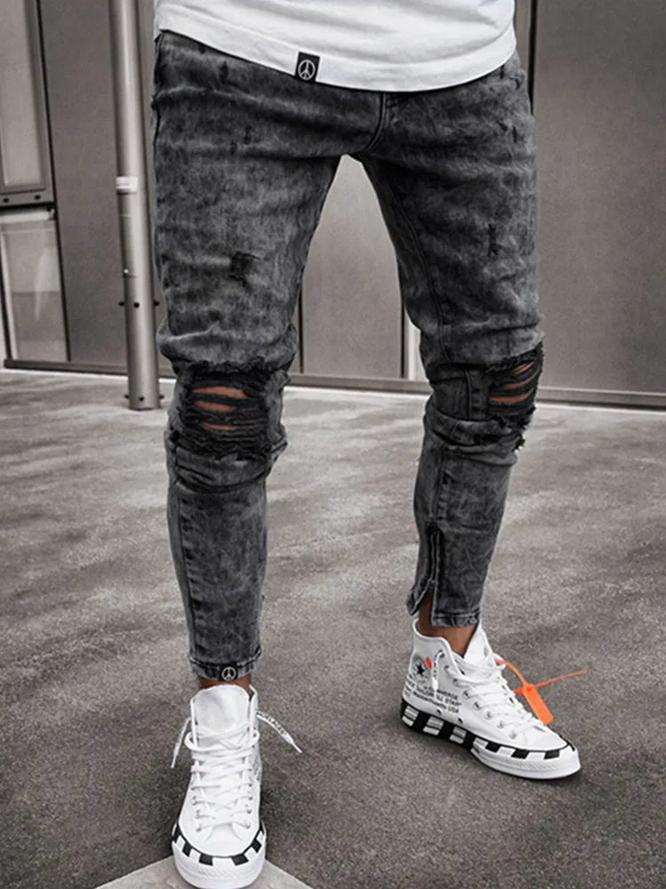 Men's Ripped Pencil Pants Men Skinny Denim Biker