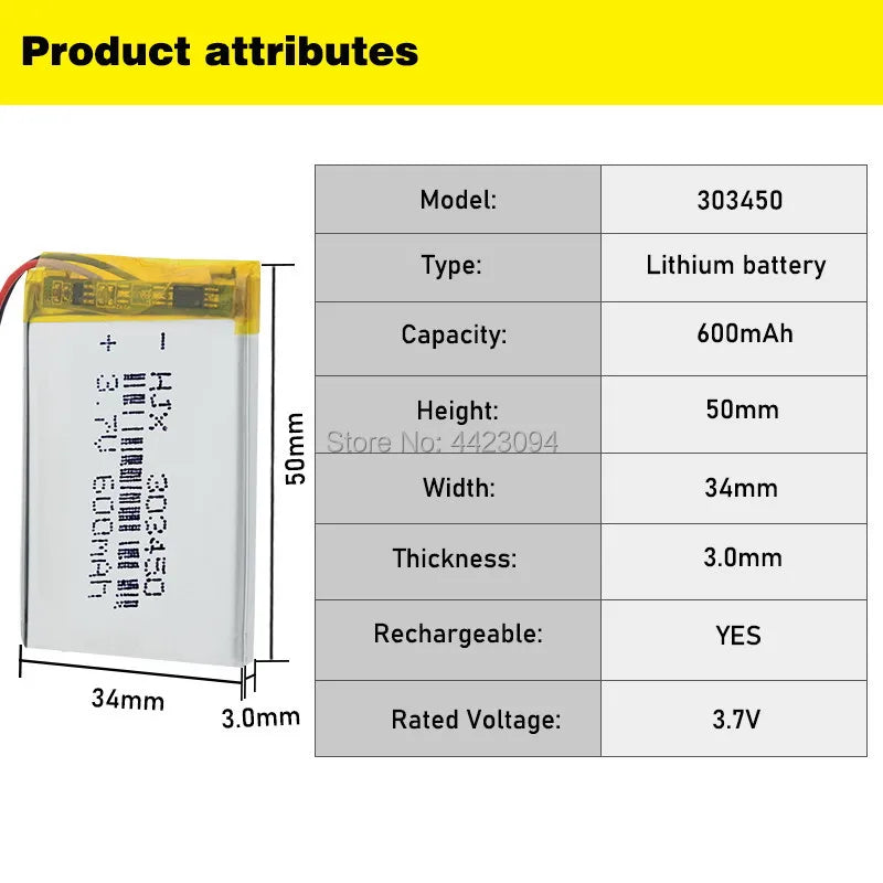 Rechargeable 3.7V 600mAh Battery 303450 Lithium Polymer Li-Po