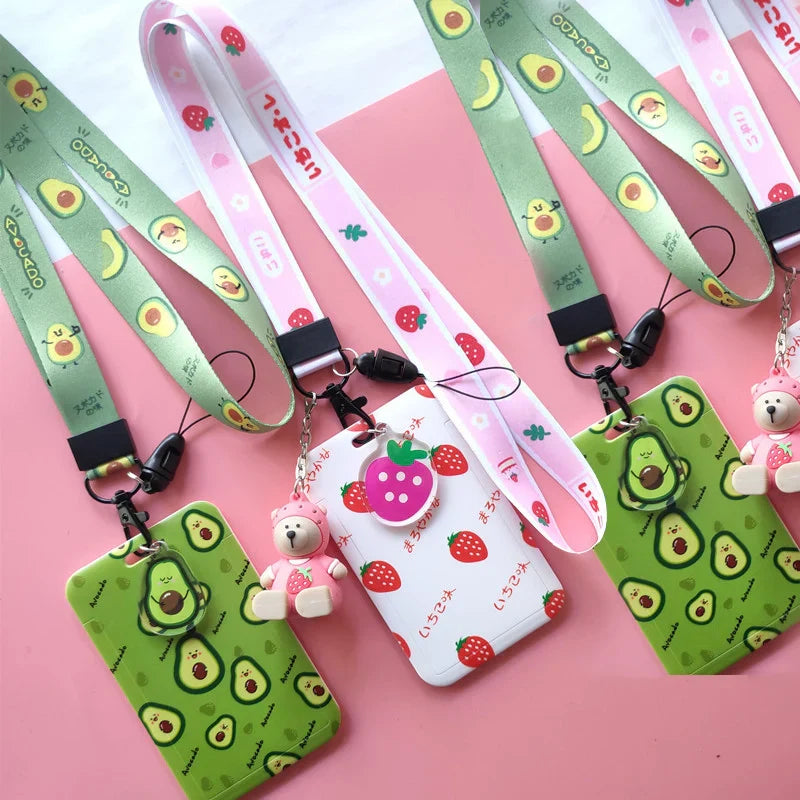 Women Men Credit Card Cover Case Fruits Avocado Strawberry Lanyard Badge ID Card Holder Neck Strap Cell Phone Neck Straps